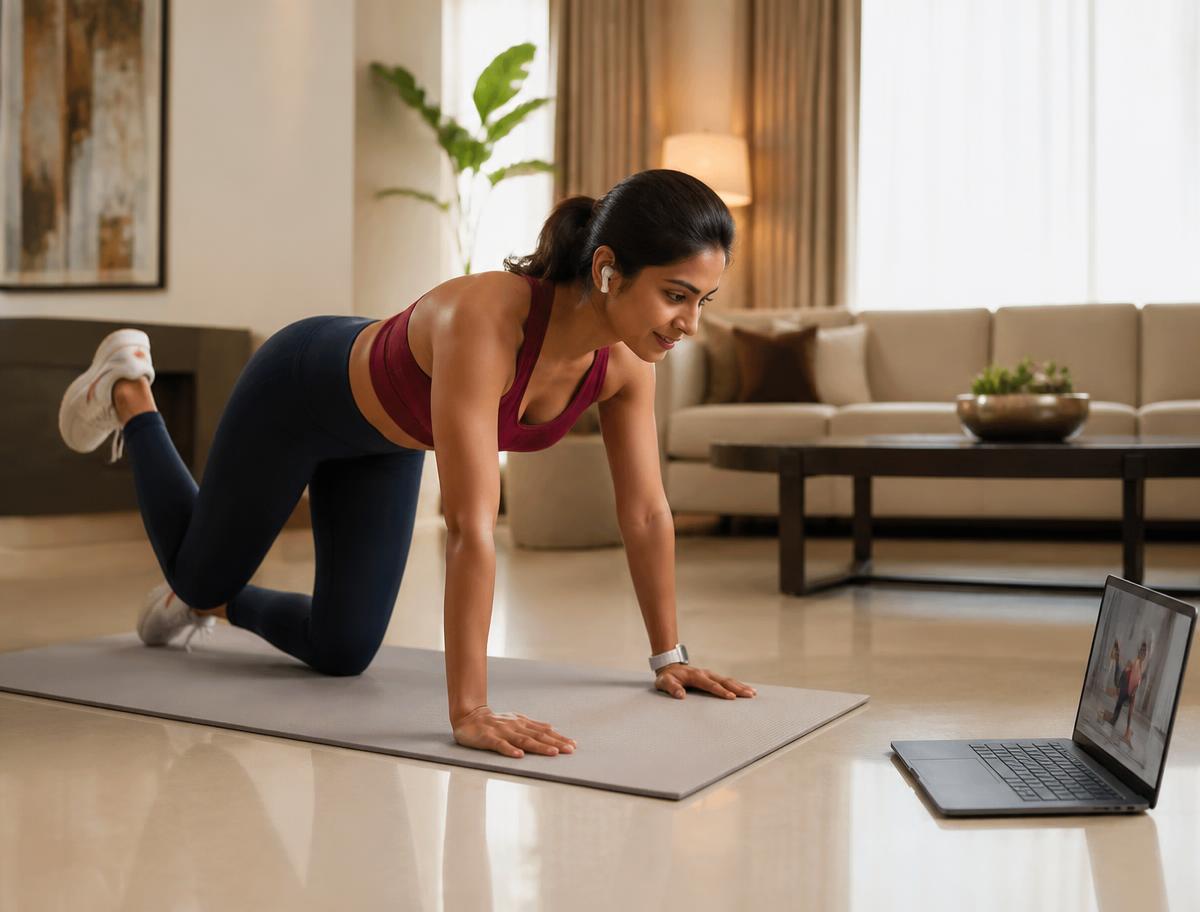 Indian woman participating in a live online fitness coaching session