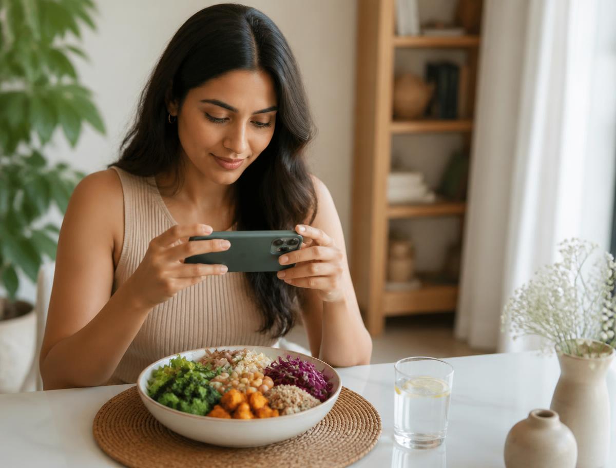 Indian woman sharing a photo of her meal as part of her coaching journey